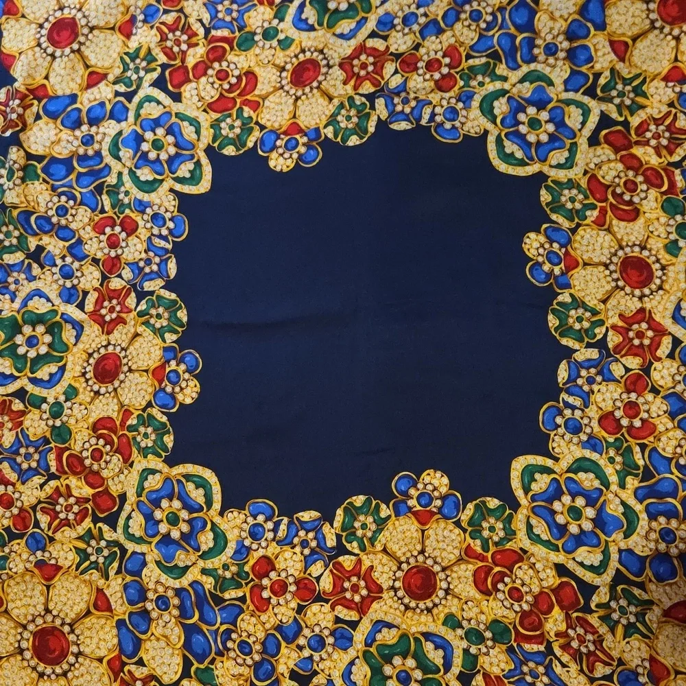CHANEL 100%Silk Scarf with Jewel-Toned Floral Motif‎